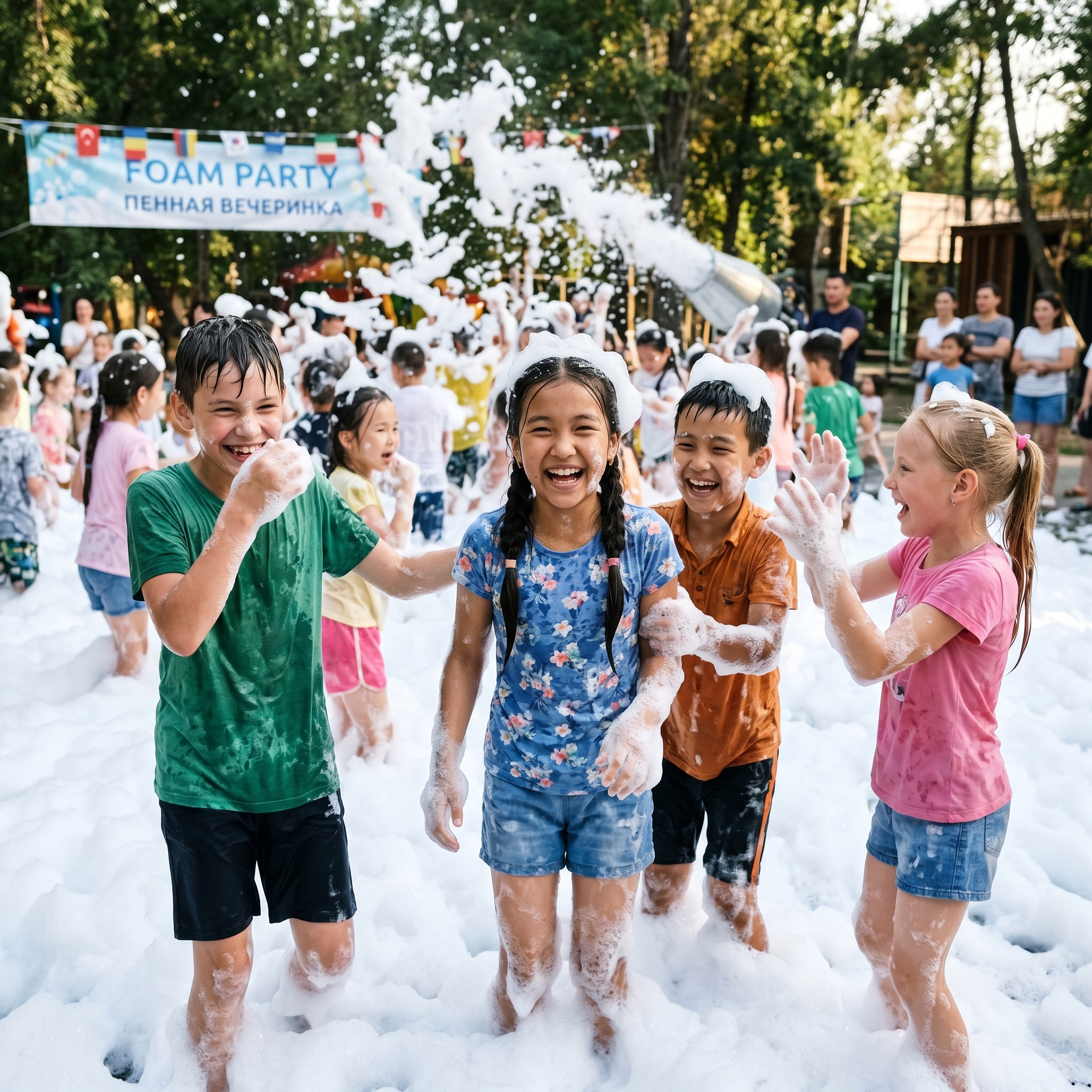 Дети веселятся на пенной вечеринке