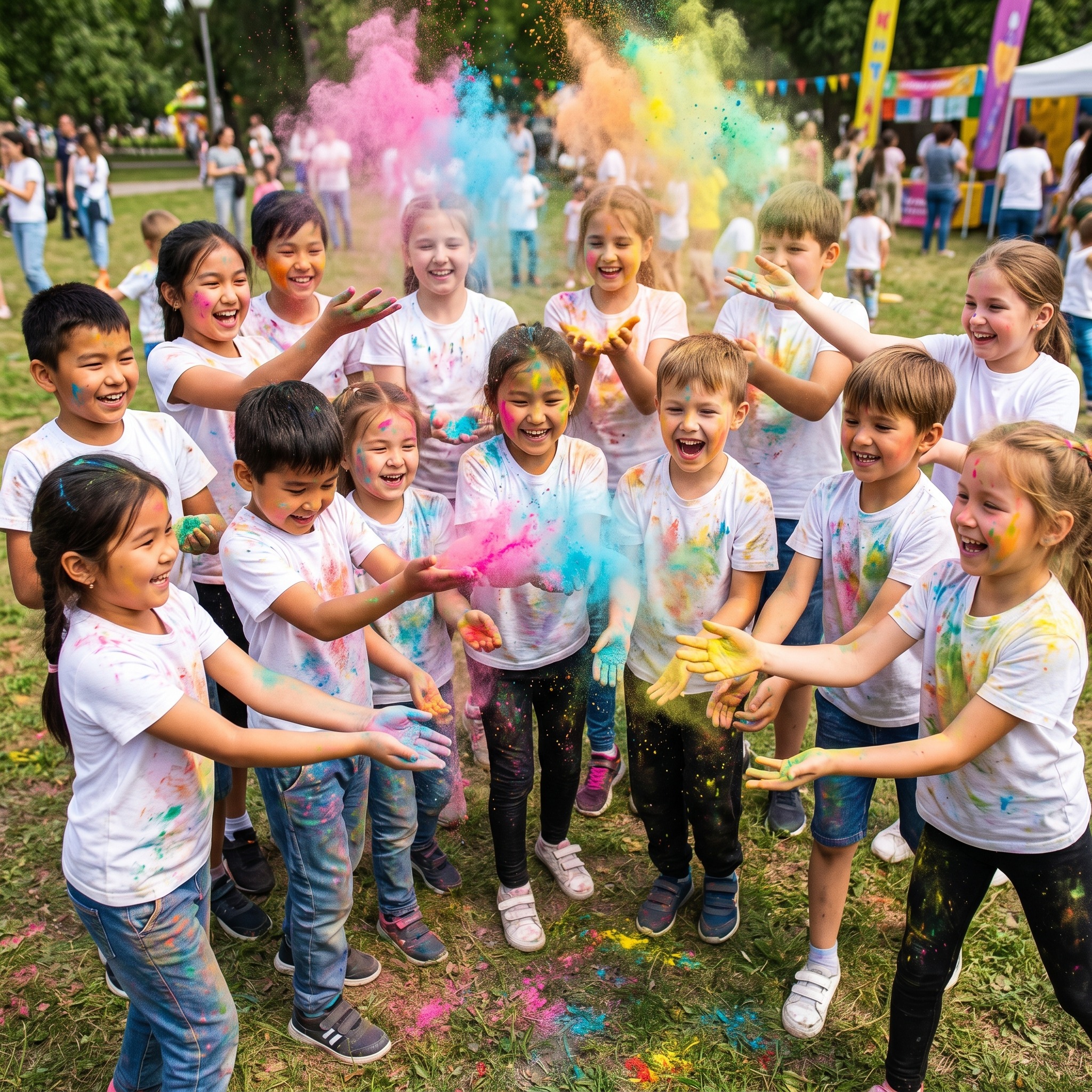 Дети на холи-фестивале бросают разноцветные краски